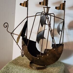 Mid Century Brutalist Metal Ship Sculpture Nautical Brass Iron Art 14”